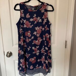 NWT- New Directions- Checkered floral- navy blue dress- Size petite medium